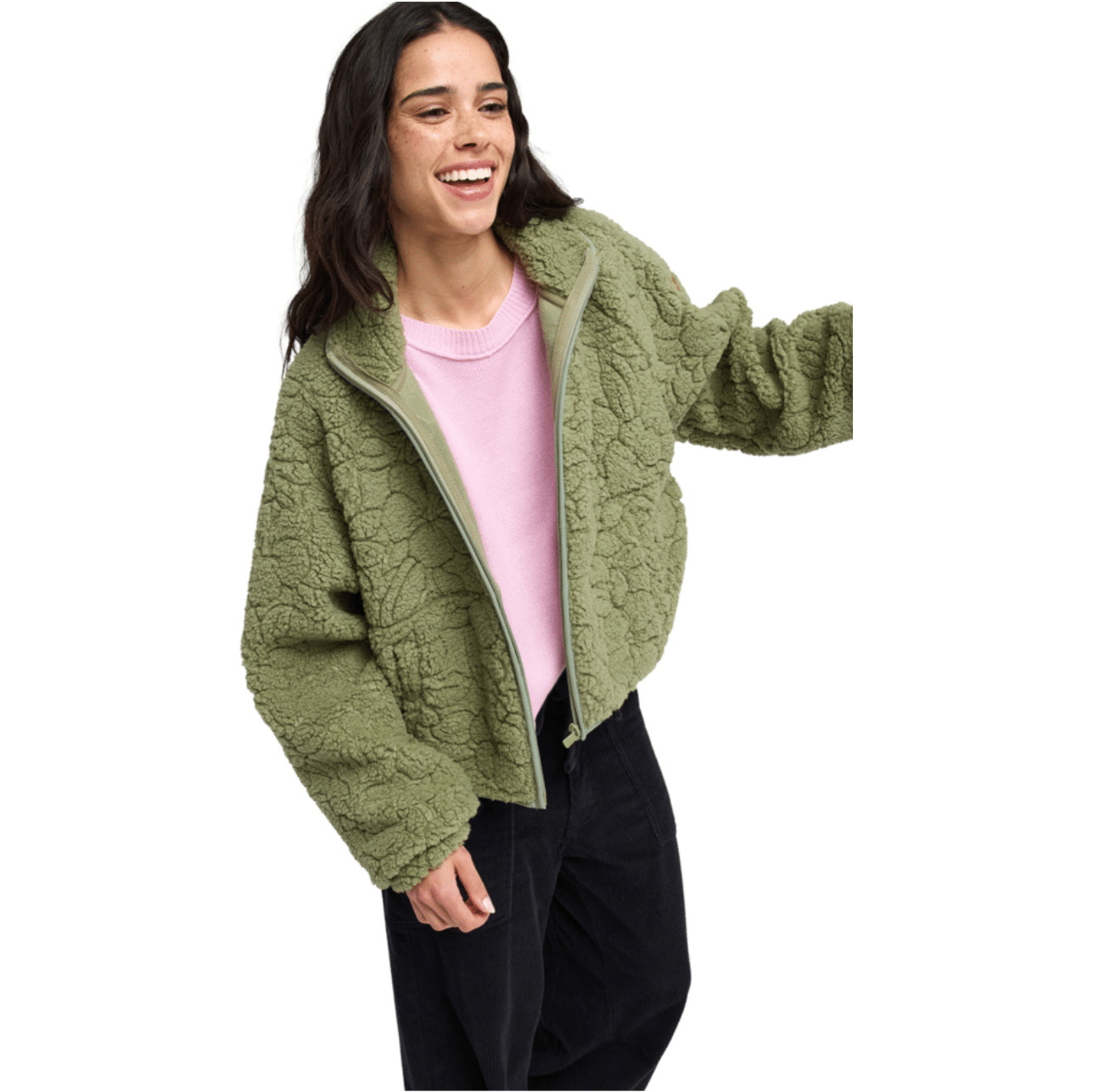 2026 Roxy Womens Blurry Cloud Full Zip Relaxed Fleece  ERJPF03212 - Oil Green Outline Mo